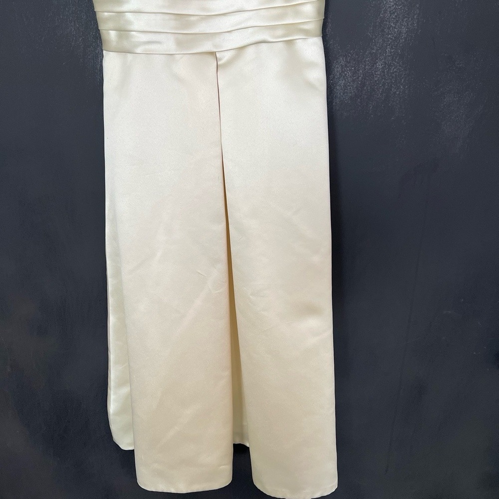 Womens Bridal Gown Cream Tea Length Satin Pleated Waist Elegant Minimalist Luxe - Picture 4 of 16